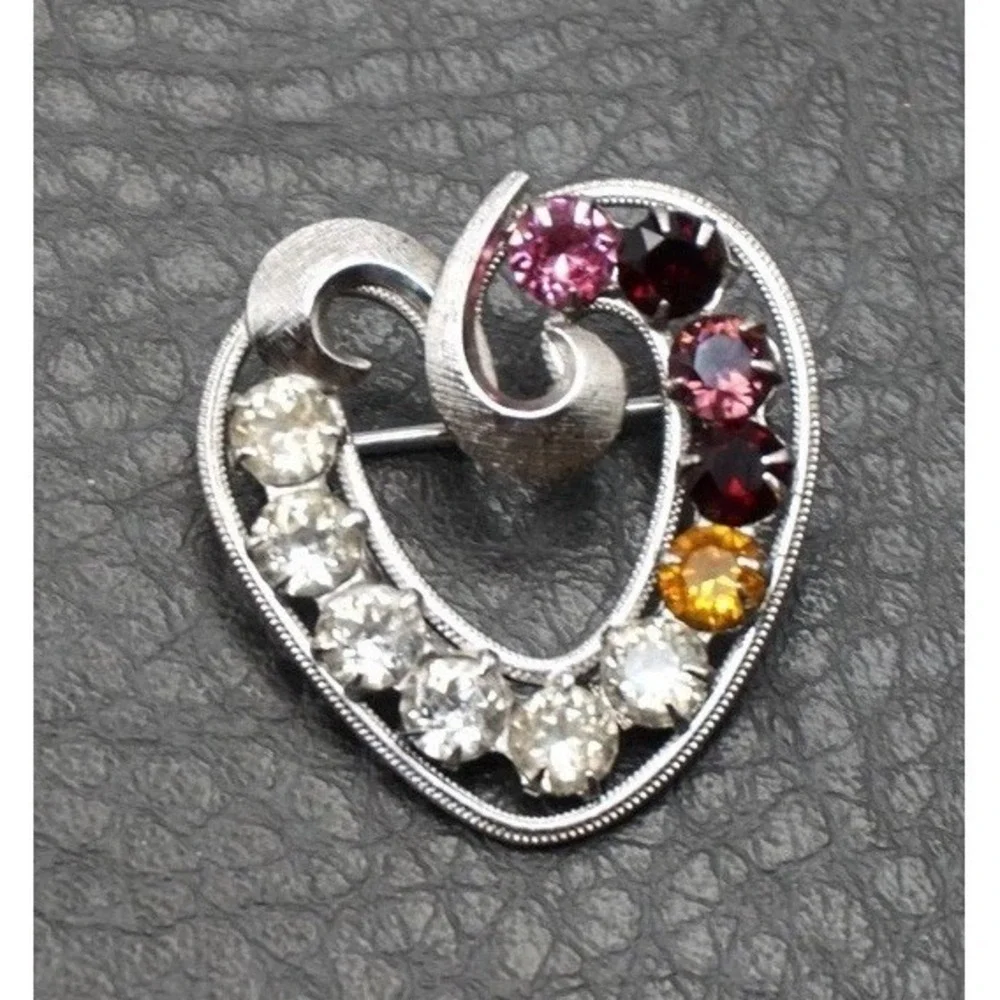 Vintage Sterling Silver Heart Brooch Pin Multicolor Crystal Rhinestone